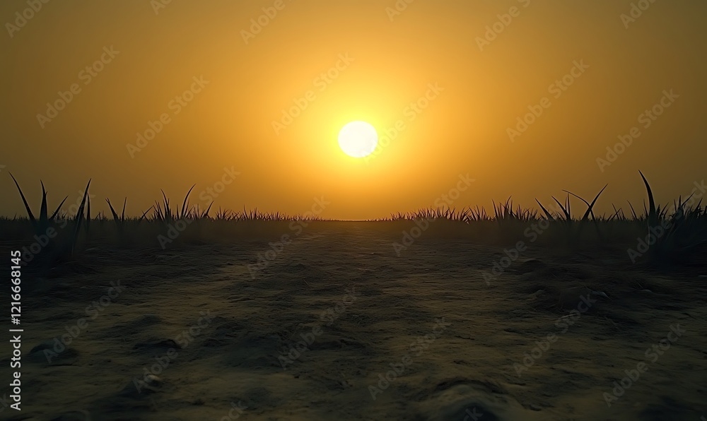 Fototapeta premium Sunset Landscape: Golden Hour Path Across Silhouetted Grass