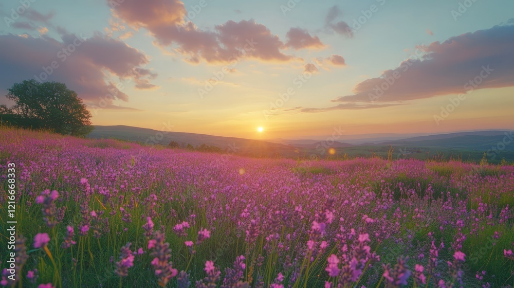 Fototapeta premium Sunset Meadow Flowers Landscape