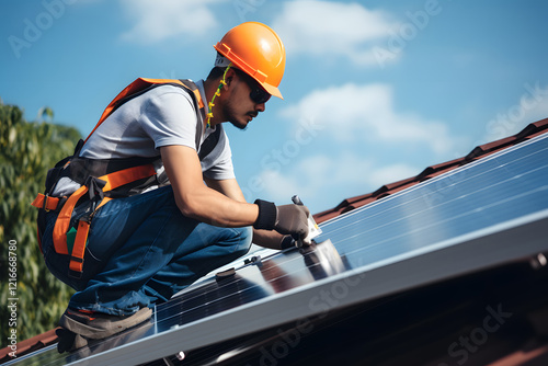 Wallpaper Mural Worker mounting solar panels on a roof of a private house. Torontodigital.ca