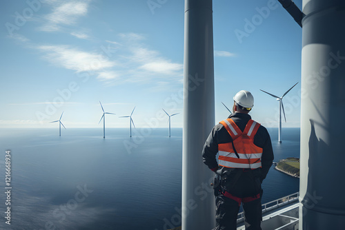 Worker on top of an offshore wind turbine looking at the ocean.