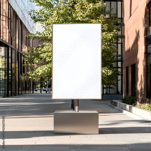 A white blank advertising billboard mounted on a modern metallic pedestal, set in a sunlit city street with a brick building, trees, and a sidewalk in the background. Mockup.