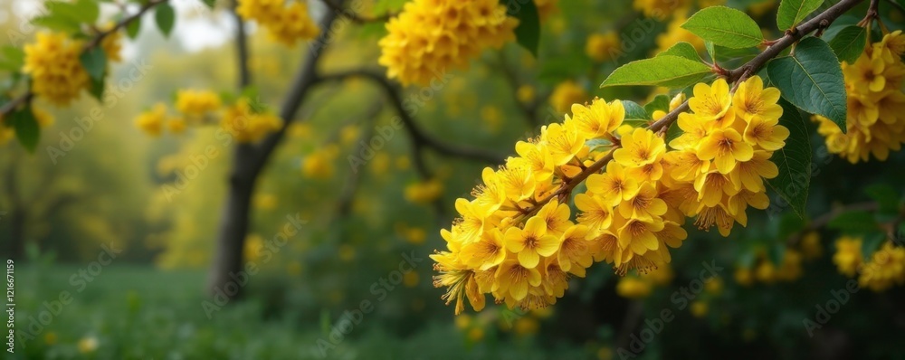 Dense clusters of yellow flowers on Mahonia aquifolium branches, deciduous trees, landscape Dense clusters of yellow flowers on Mahonia aquifolium branches, deciduous trees, landscape