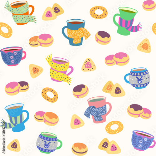 Seamless pattern with cups wrapped in scarves or sweaters. Delicious cookies, bagels and donats. Good for cafe or bakery, packaging