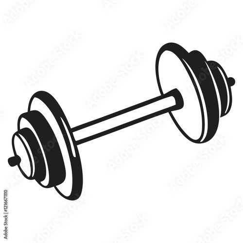 A black dumbbell with a silver handle.  A long bar with weighted plates on either end is used in weightlifting and strength training exercises.