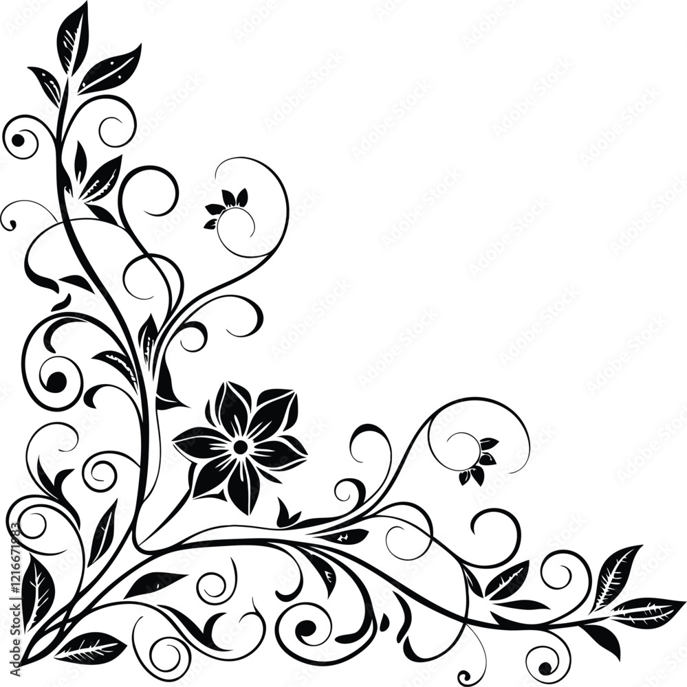 A black vector design of an ornate luxury corner pattern. vintage baroque corner ornament retro pattern antique style acanthus. Decorative design element filigree calligraphy. A black vector design of an ornate luxury corner pattern. vintage baroque corner ornament retro pattern antique style acanthus. Decorative design element filigree calligraphy.