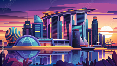 Sunset of city skyline at business district, marina bay sands hotel at night, singapore