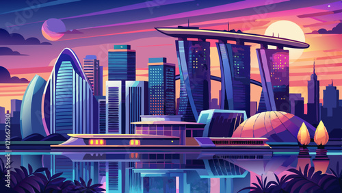 Sunset of city skyline at business district, marina bay sands hotel at night, singapore