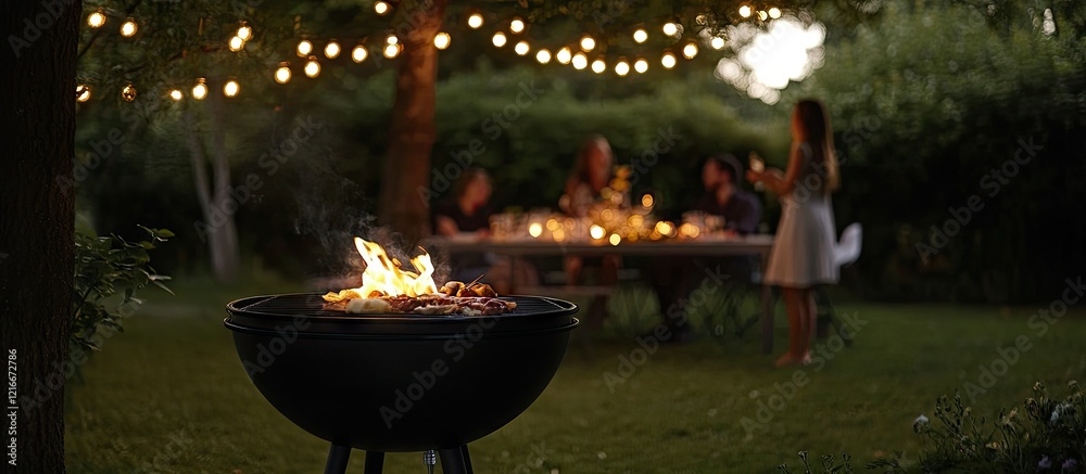 Evening Backyard BBQ Gathering Under String Lights Evening Backyard BBQ Gathering Under String Lights
