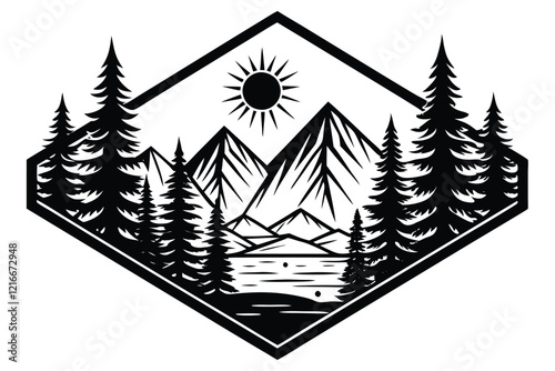 Beautiful nature landscape with silhouettes of forest coniferous trees
