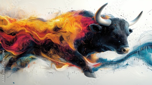 Powerful bull charging, vibrant paint splash background. photo