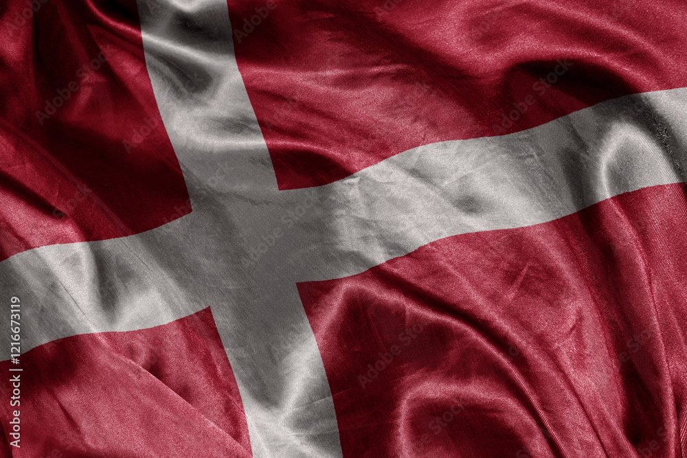 shine waving colourful realistic national flag of denmark . macro shot shine waving colourful realistic national flag of denmark . macro shot