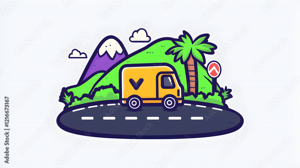 Obraz premium Delivery truck traveling through scenic mountain landscape nature illustration vibrant colors outdoor view
