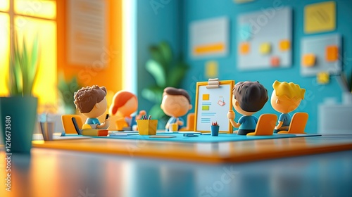 3D illustration of a strategic business change, showing cartoon characters planning a new direction.