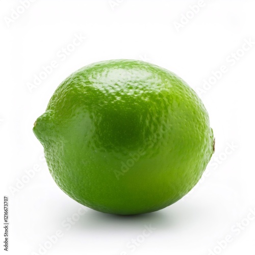 Whole lime with textured green skin positioned on crisp white surface, showcasing natural citrus freshness and vivid coloration