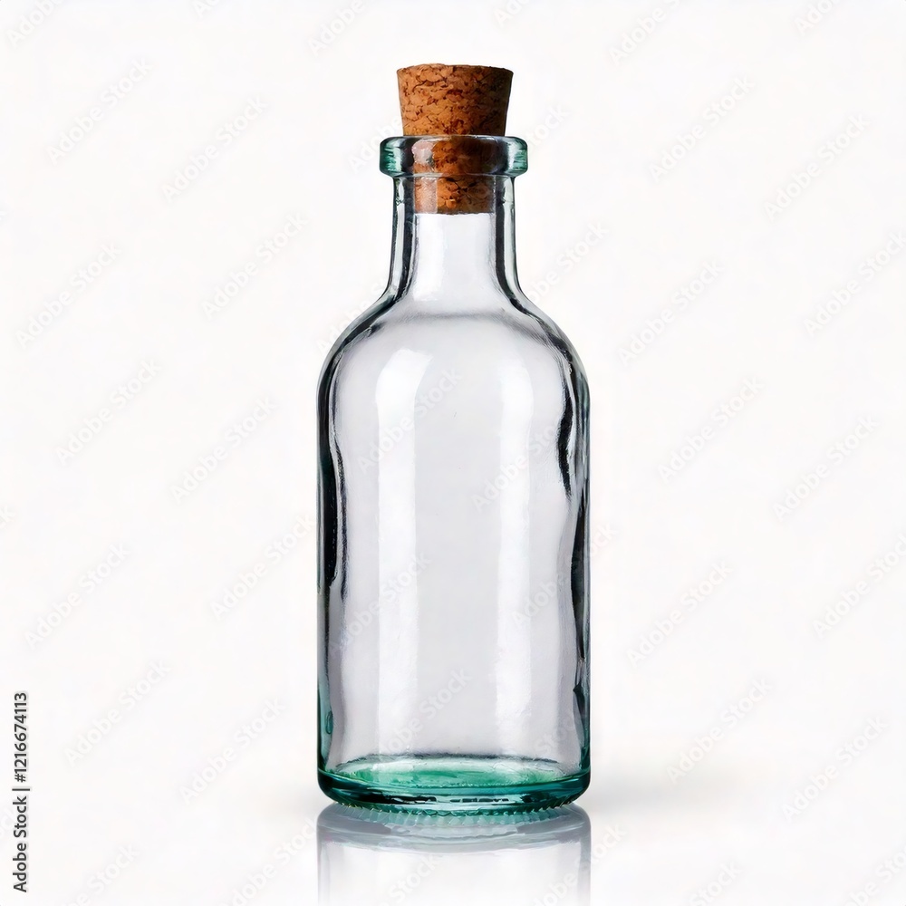 Transparent glass bottle with cork stopper, reflecting light in minimalist studio setting Transparent glass bottle with cork stopper, reflecting light in minimalist studio setting