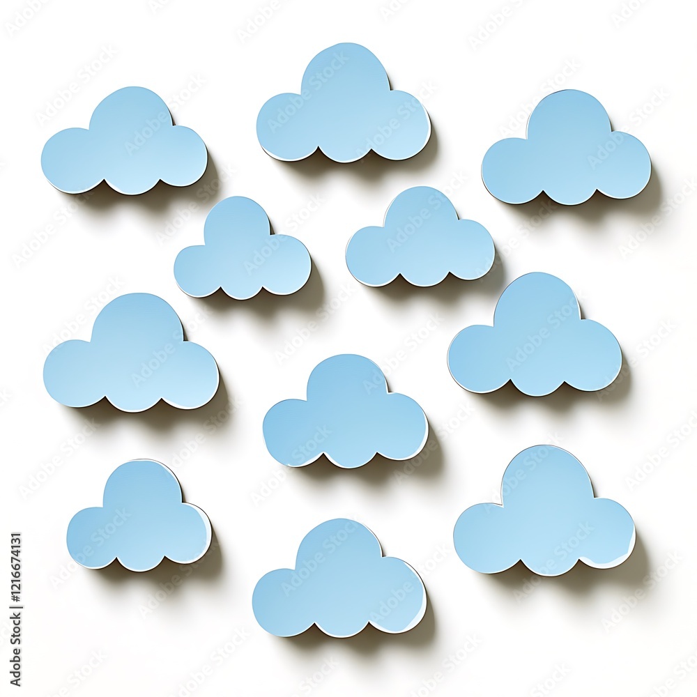 Collection of Light Blue Paper Clouds on White Background.