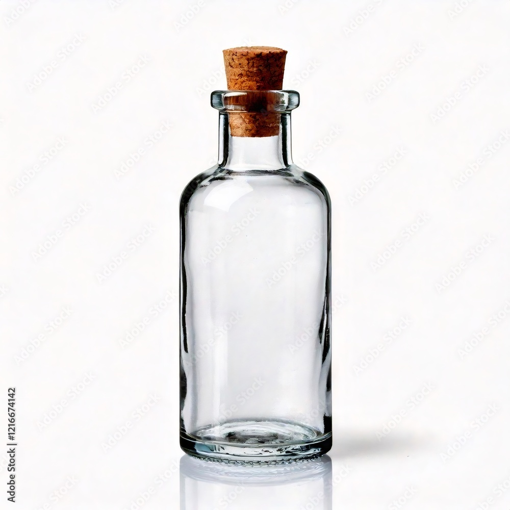 Studio shot of a small empty glass bottle with cork stopper reflecting on white background Studio shot of a small empty glass bottle with cork stopper reflecting on white background