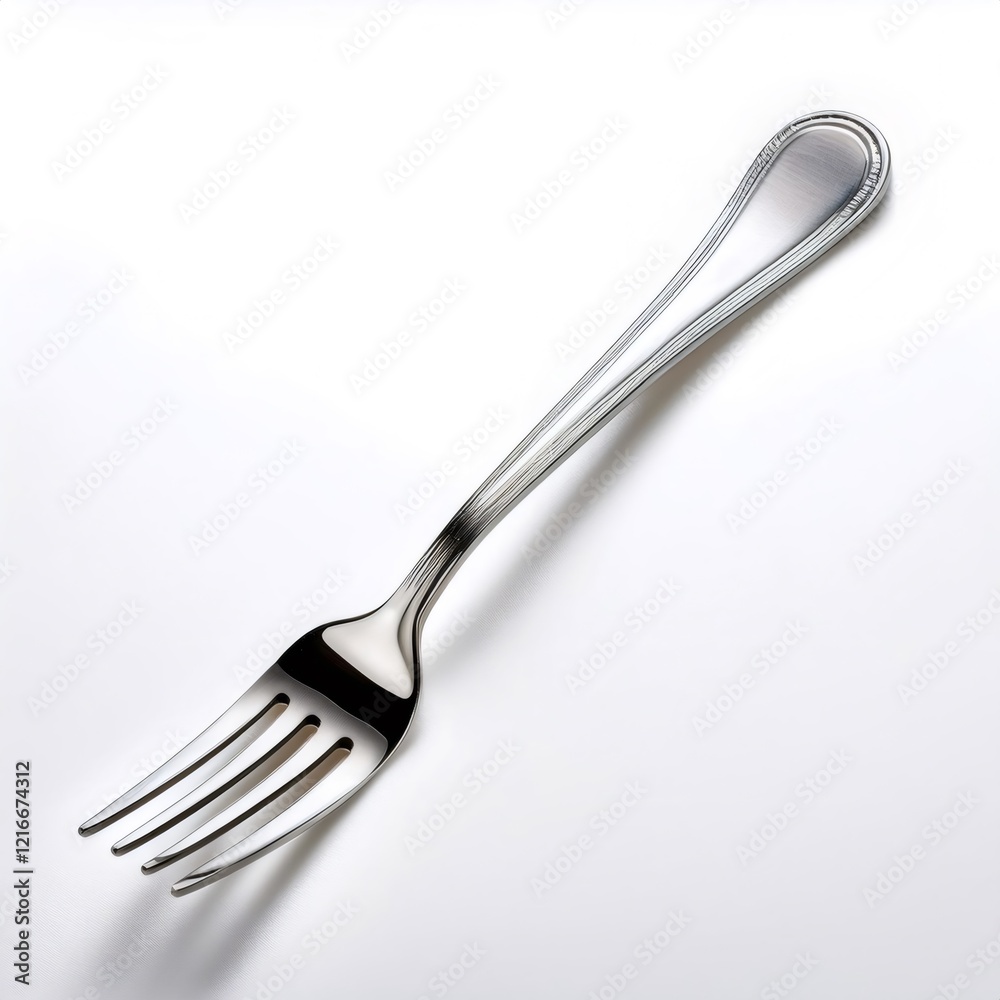 Clean stainless steel fork resting on a plain white surface, representing dining, meal preparation, or kitchenware Clean stainless steel fork resting on a plain white surface, representing dining, meal preparation, or kitchenware