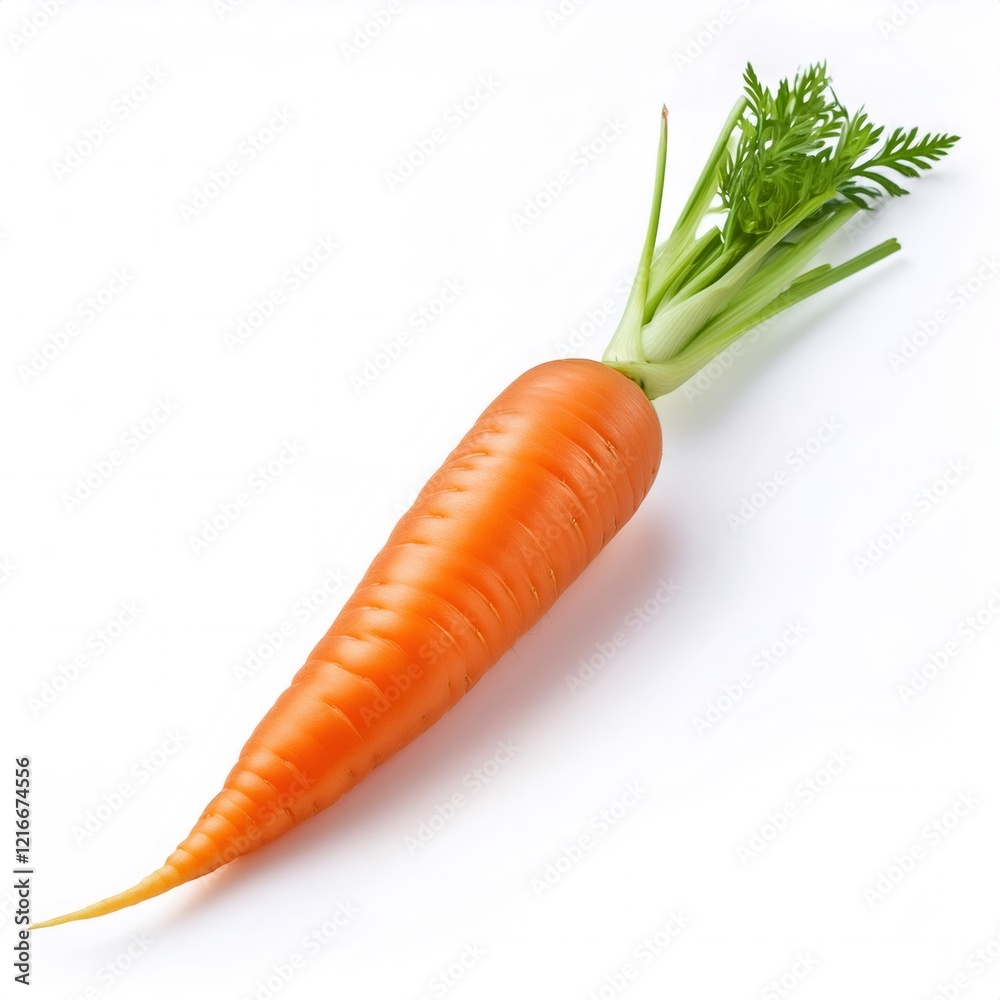 Single fresh carrot with green leaves lying on a white background, representing healthy eating and raw food Single fresh carrot with green leaves lying on a white background, representing healthy eating and raw food