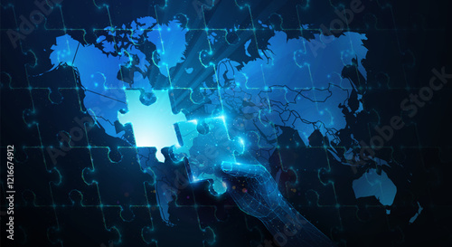 Abstract illustration of low poly hand put missing puzzle to world map.Blue geometric background depicting geopolitical synergy partnership, global crisis management politics concept by wireframe mesh