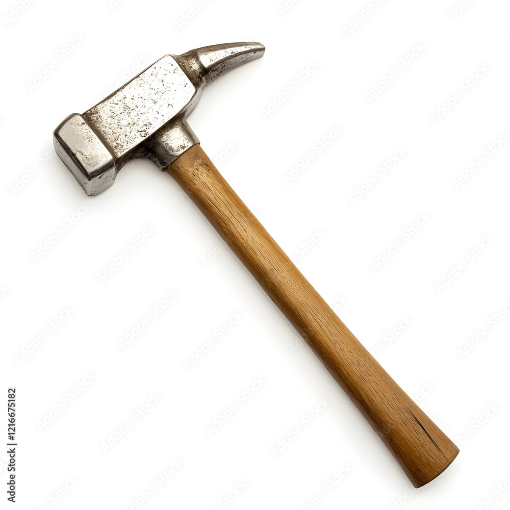 Old claw hammer with wooden handle lying on a white background, ideal for carpentry and DIY projects Old claw hammer with wooden handle lying on a white background, ideal for carpentry and DIY projects