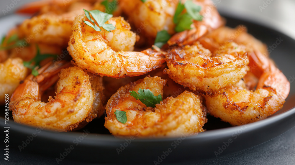Golden crispy fried shrimp garnished with fresh parsley served on a black plate, perfect for a seafood dinner Golden crispy fried shrimp garnished with fresh parsley served on a black plate, perfect for a seafood dinner