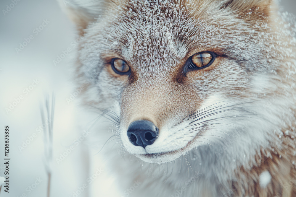 Obraz premium Close up of a red fox in a snowy landscape, with delicate frost on fur, showcasing natural beauty and wilderness charm