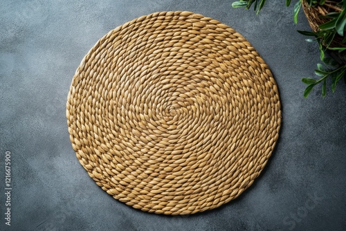 Woven Round Natural Fiber Placemat on Dark Textured Surface photo