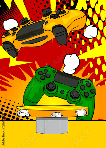 Comic Book Product podium stage for mockup presentation with Gaming controller. Retro comics background.