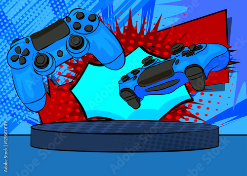 Comic Book Product podium stage for mockup presentation with Gaming controller. Retro comics background.
