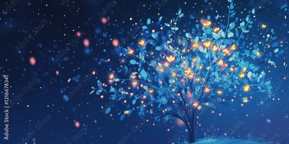 Illuminated Tree Glowing With Nighttime Flowers Illuminated Tree Glowing With Nighttime Flowers