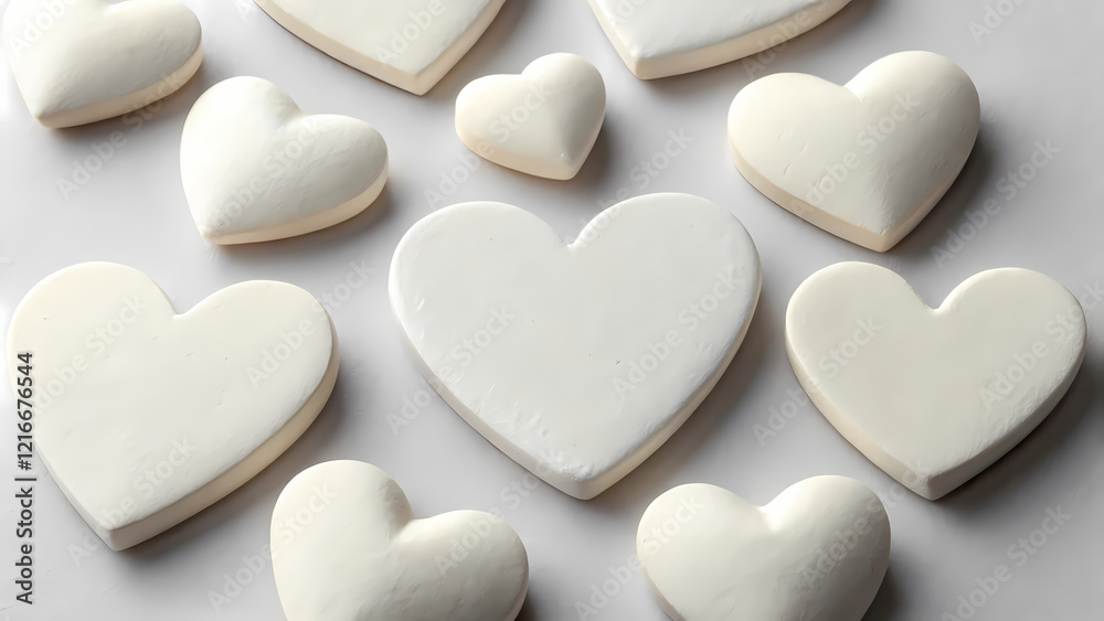 Obraz premium This image presents a close-up, top-down view of several white, heart-shaped objects arranged on a plain white background.