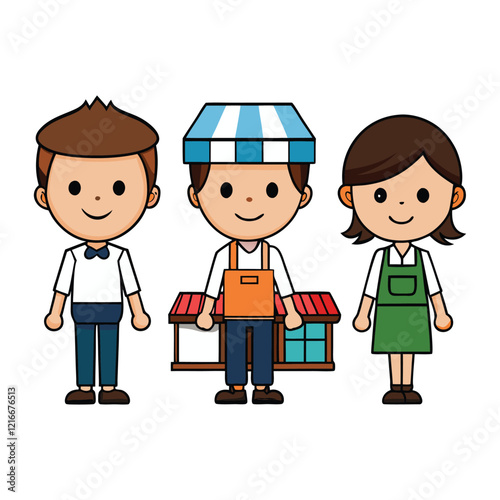 Friendly shopkeepers with a market stall, ready to serve.