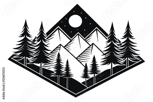 Beautiful nature landscape with silhouettes of forest coniferous trees