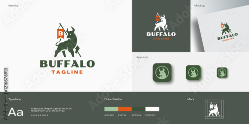 Bull with Flag Spear Vector Logo Template. Buffalo Icon Silhouette Ox with Banner Creative Bison Animal Emblem. Beef Meat and Steak Concept Identity App Guide with Modern Typography