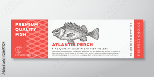 Seafood Fish Vector Label Design Package Background Layout Template. Hand Drawn Atlantic Perch Illustration and Modern Typography. Fish Silhouette Product Banner With Pattern and Engraved Drawing