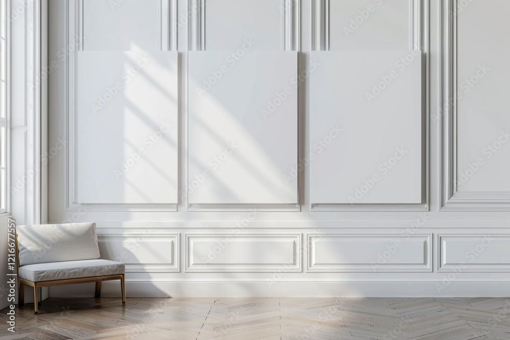Fototapeta premium Spacious Minimalist Interior with Three Blank Canvases and Light