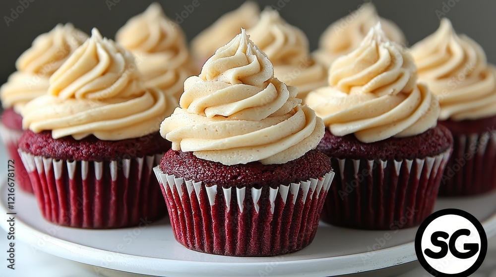 Red velvet cupcakes, cream cheese frosting, plate, kitchen, baking Red velvet cupcakes, cream cheese frosting, plate, kitchen, baking