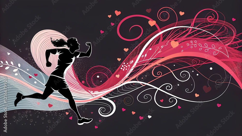 Fototapeta premium This dynamic graphic illustration portrays a female silhouette in a running pose, set against an abstract backdrop of flowing pink and white swirls.