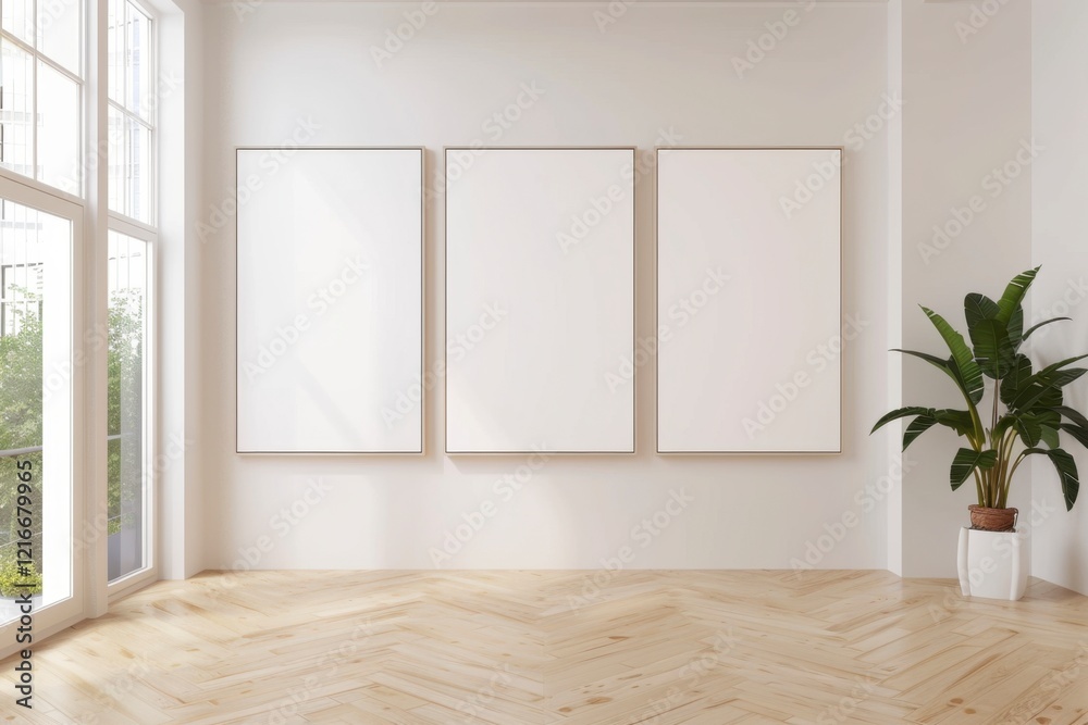 Fototapeta premium Minimalist Art Gallery Interior with Three Blank Canvas Frames