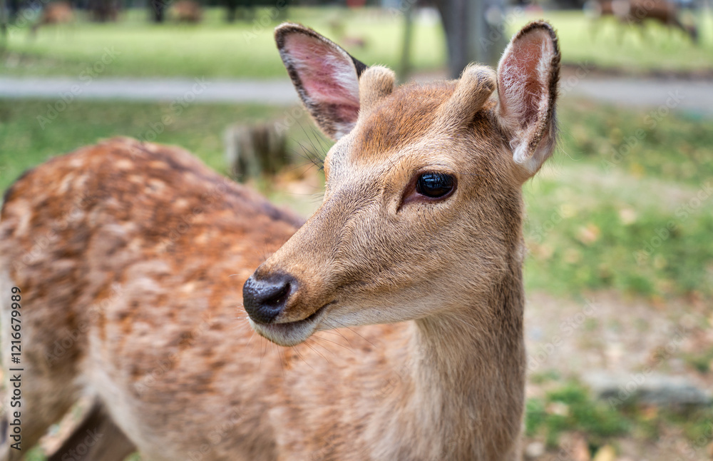 Fototapeta premium Close up portrait of a sika deer in Nara park, Japan.