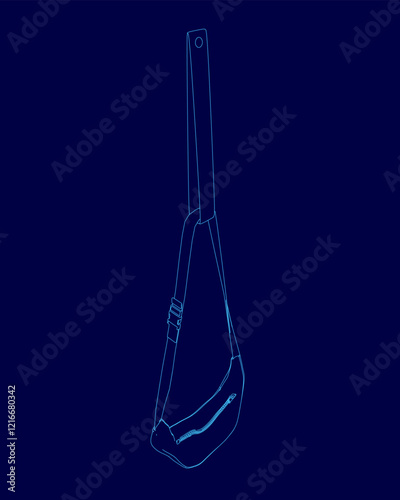 Blue drawing of a purse with a handle. The purse is shown in a stylized way, with the handle being the main focus. Concept of simplicity and minimalism