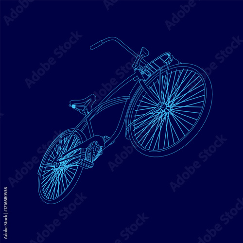 Blue bicycle is shown in mid-air. The bike is upside down and he is in motion. Concept of freedom and excitement, as if the bike is soaring through the sky