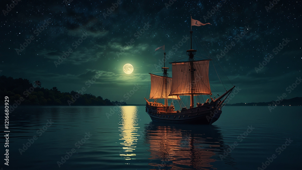 Obraz premium The ship is anchored at night. Night sky with moon. fantasy world