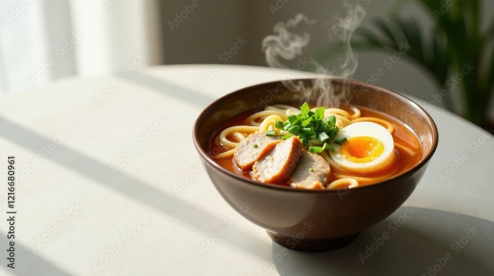 Aromatic Steaming Bowl of Noodles, Soft-Boiled Egg, and Savory Meat Slices in a Rich Broth Aromatic Steaming Bowl of Noodles, Soft-Boiled Egg, and Savory Meat Slices in a Rich Broth