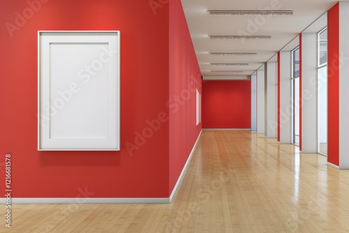 Modern Art Gallery Interior with Red Walls and Empty Frames photo