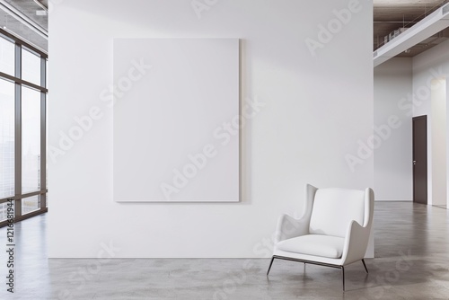 Modern Minimalist Interior with White Chair and Blank Canvas Wall