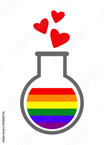Logo lgbt. Mes del orgullo. Poción de amor. Botella de cristal con líquido con los colores de la bandera arcoiris y corazones	