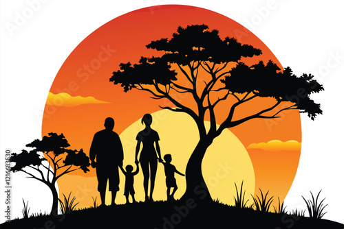 A family is silhouetted against a sunset background
