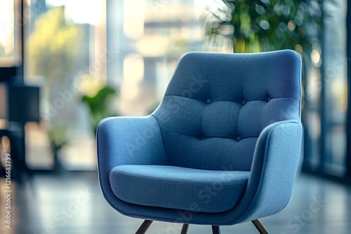 Modern blue armchair stands in contemporary office space with large windows and blurred city view, creating a relaxing and stylish atmosphere